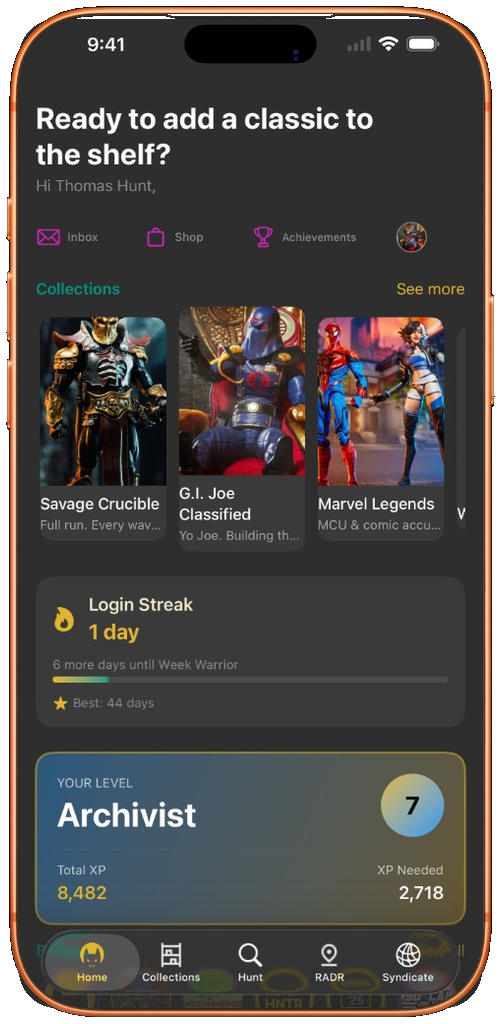ToyHuntr Home screen on iPhone -- collections, login streak, and Archivist level