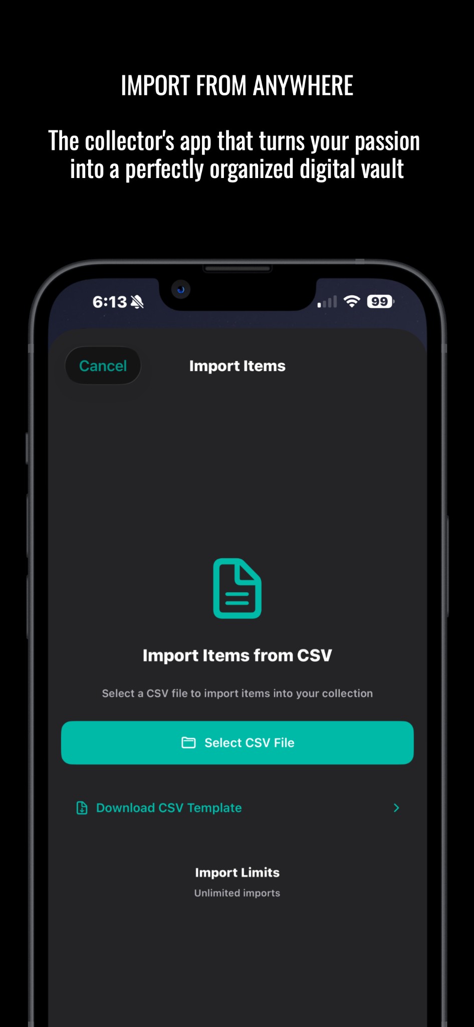 ToyHuntr Import Items screen showing CSV import