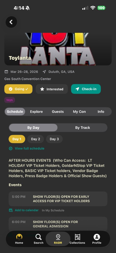 Convention detail in ToyHuntr with schedule and actions